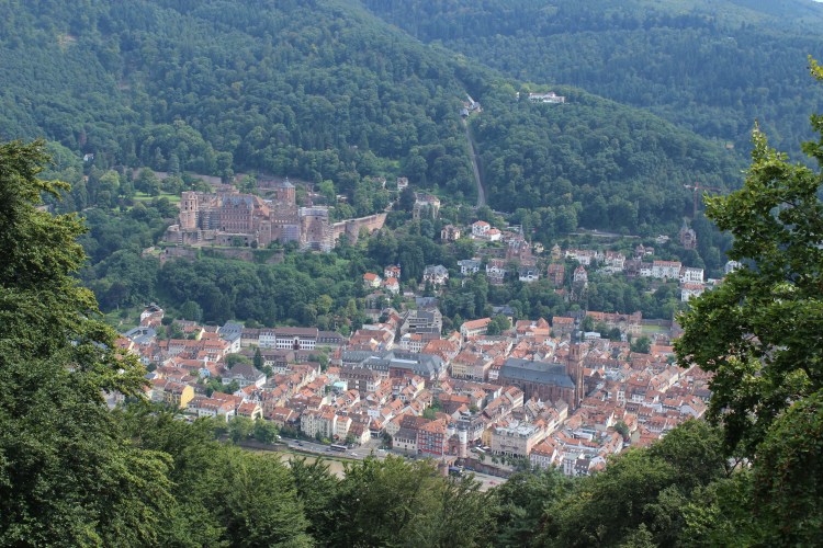 The view from the tower at St. Stephenskloster. You can see Old Town, the Old Bridge, and Heidelberg Castle.
